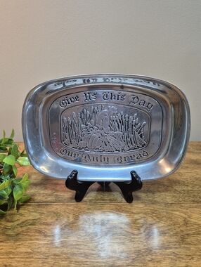 WILTON ARMETALE Vintage Embossed Metal Tray 'Give Us This Day Our Daily Bread'